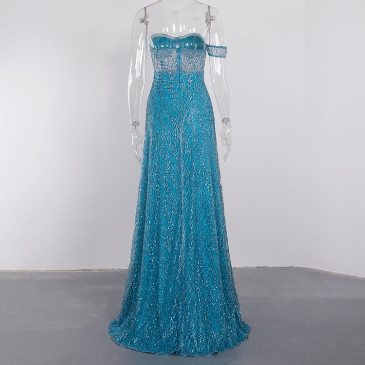 Vestido de Festa Longo com Fenda e Transparência Azul Serenity