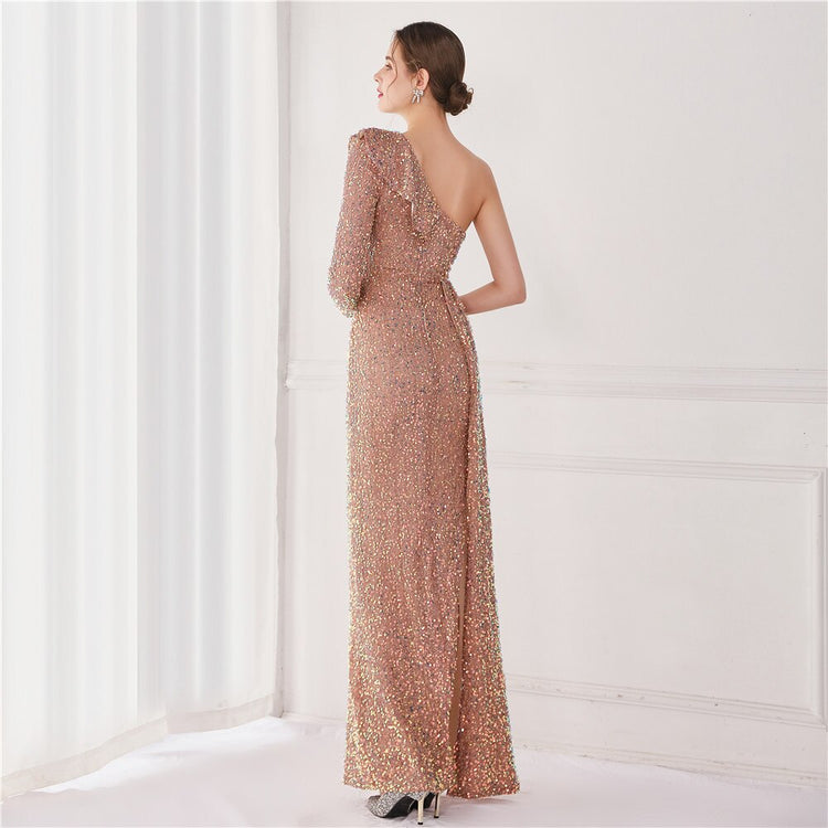 Vestido de Festa Longo com Babados Assimétricos Dourado