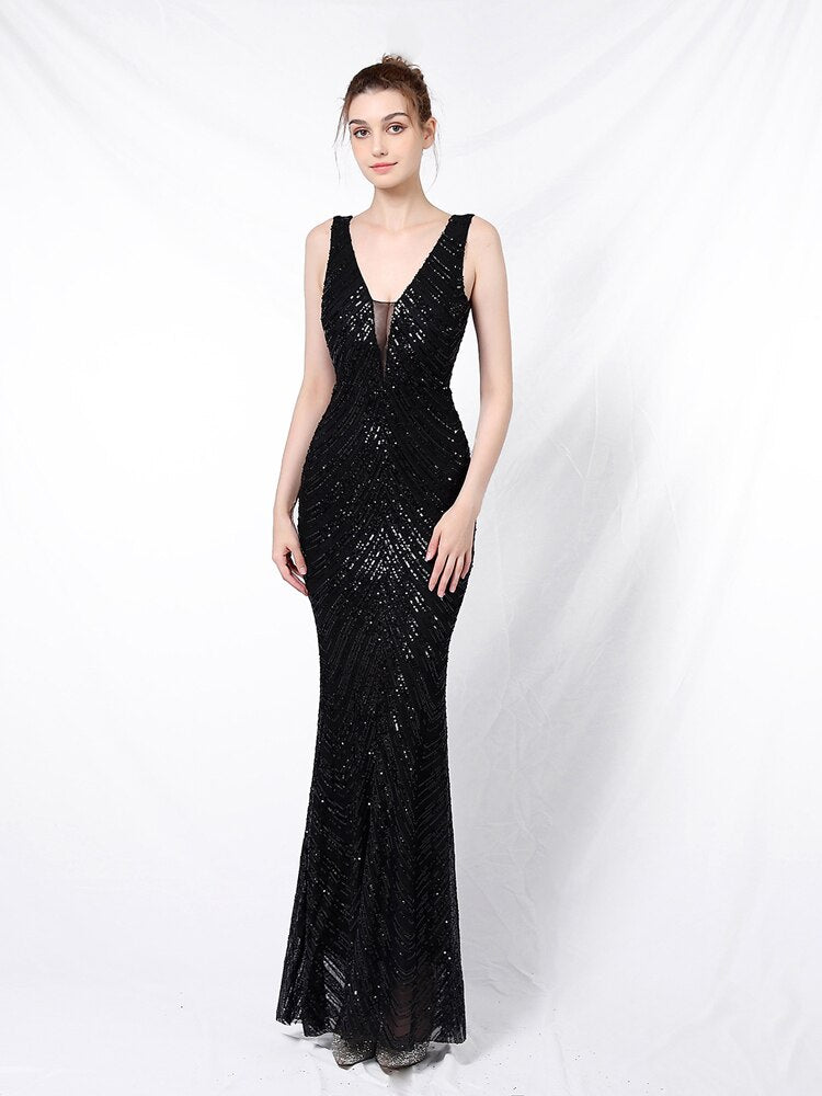 Vestido de Festa Longo Sereia Brilho sem Manga Preto