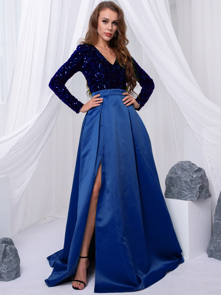 Vestido de Festa Longo Brilho com Abertura Lateral Azul