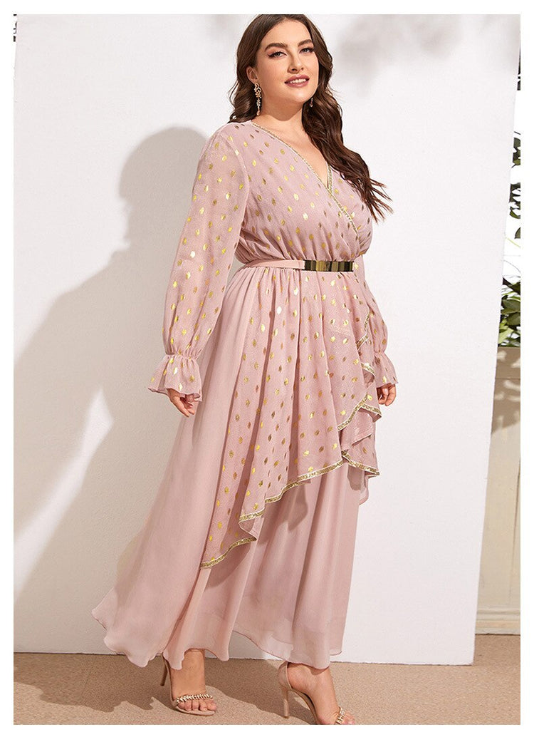 Vestido de Festa Rosé com Babados e Detalhe Cinto Dourado