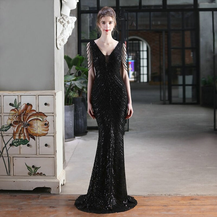 Vestido de Festa Sereia Luxo com Detalhes em Paetês Preto