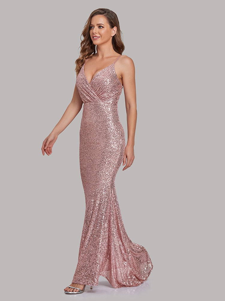 Vestido de Festa Longo Sereia com Decote V e Alça Espaquete