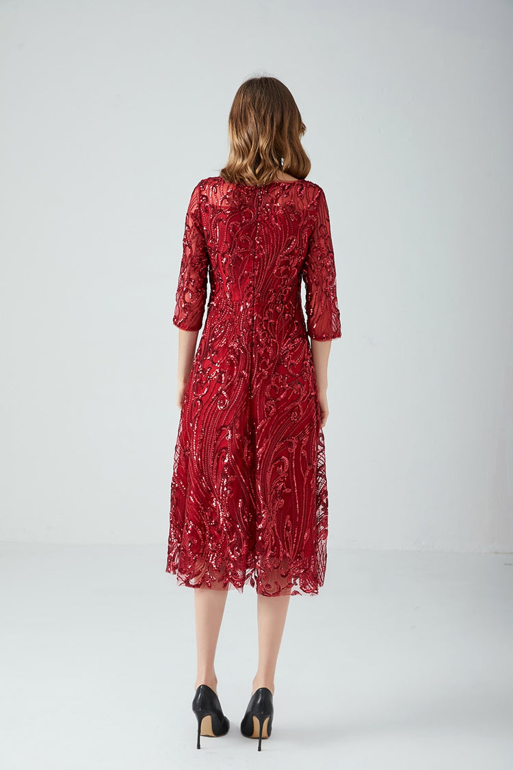Vestido de Festa Marsala Luxo Midi com Detalhes Paetês