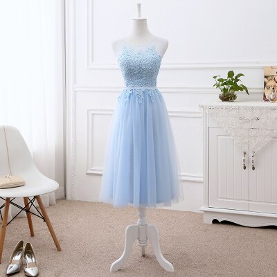 Vestido de Festa em Crepe com Apliques e Amarração Traseira Azul Serenity