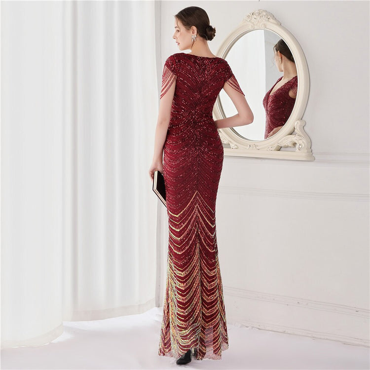 Vestido de Festa Luxo Sereia com Detalhes Paetês Marsala