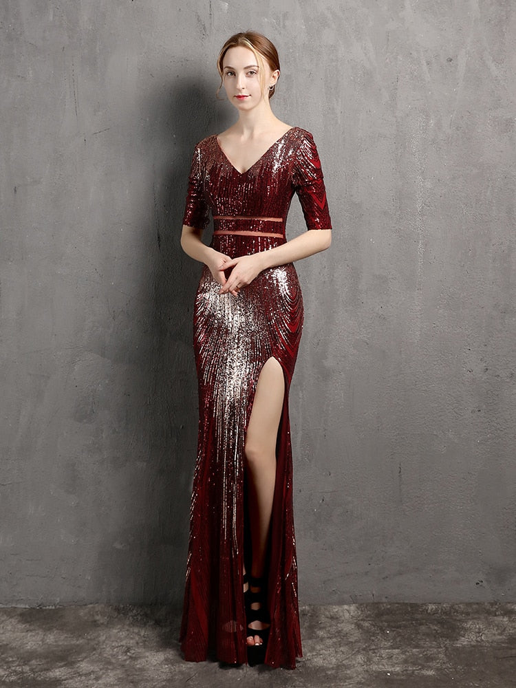 Vestido de Festa Longo Sereia Chiffon Brilho Marsala