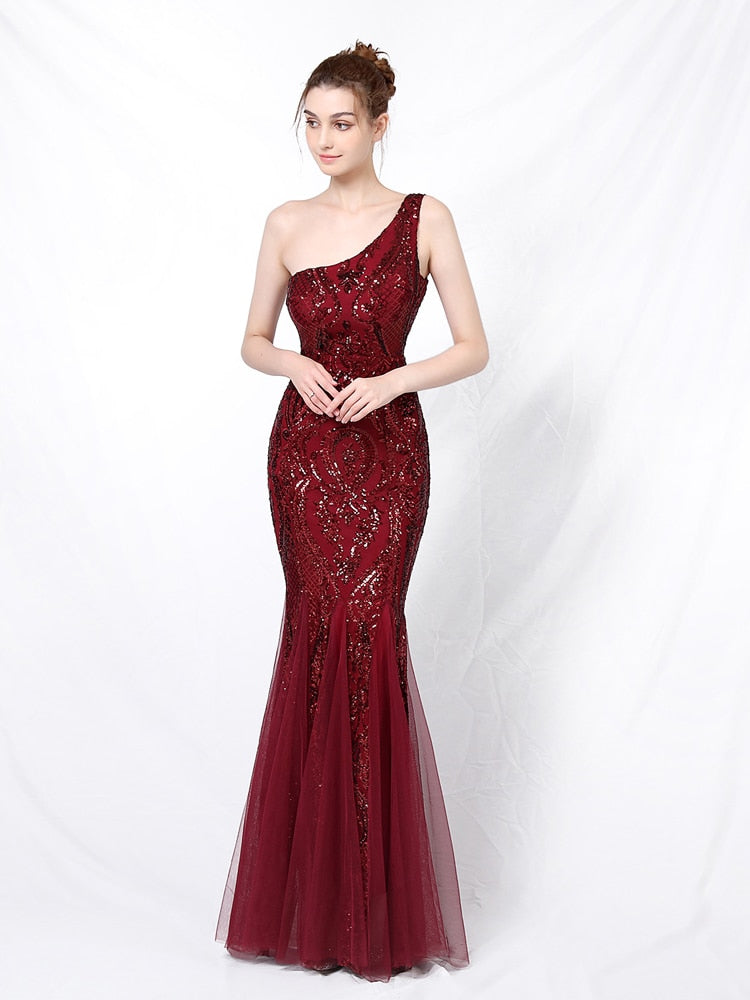 Vestido de Festa Ombro Único em Tule com Bordados Paetês Marsala