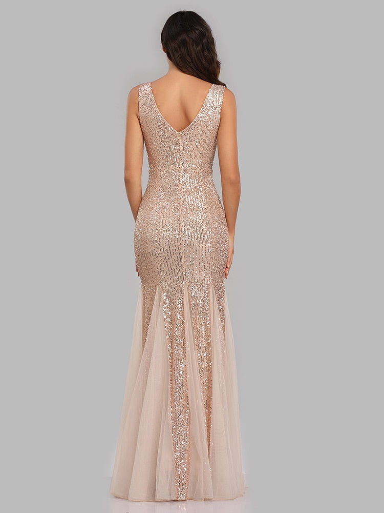 Vestido de Festa Longo Sereia com Detalhes Paetês Dourado (Pronta Entrega)