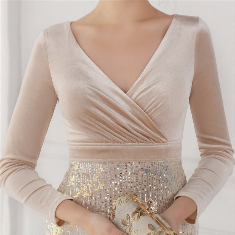 Vestido de Festa Luxo Sereia com Paetês Bordados Prateado