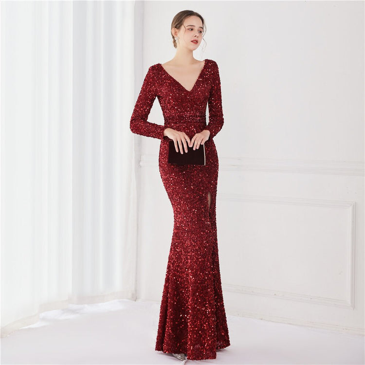 Vestido de Festa Longo Luxo Todo Detalhado em Paetês Marsala