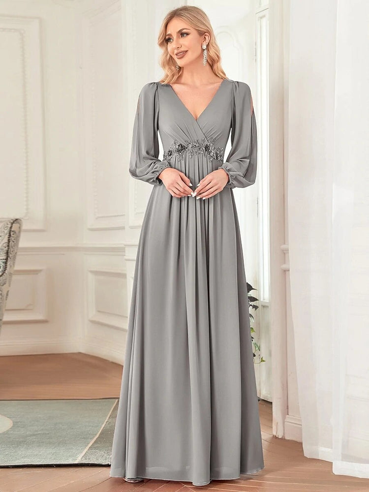 Vestido de Festa Longo Elegante Clássico com Apliques Florais (Pronta Entrega)