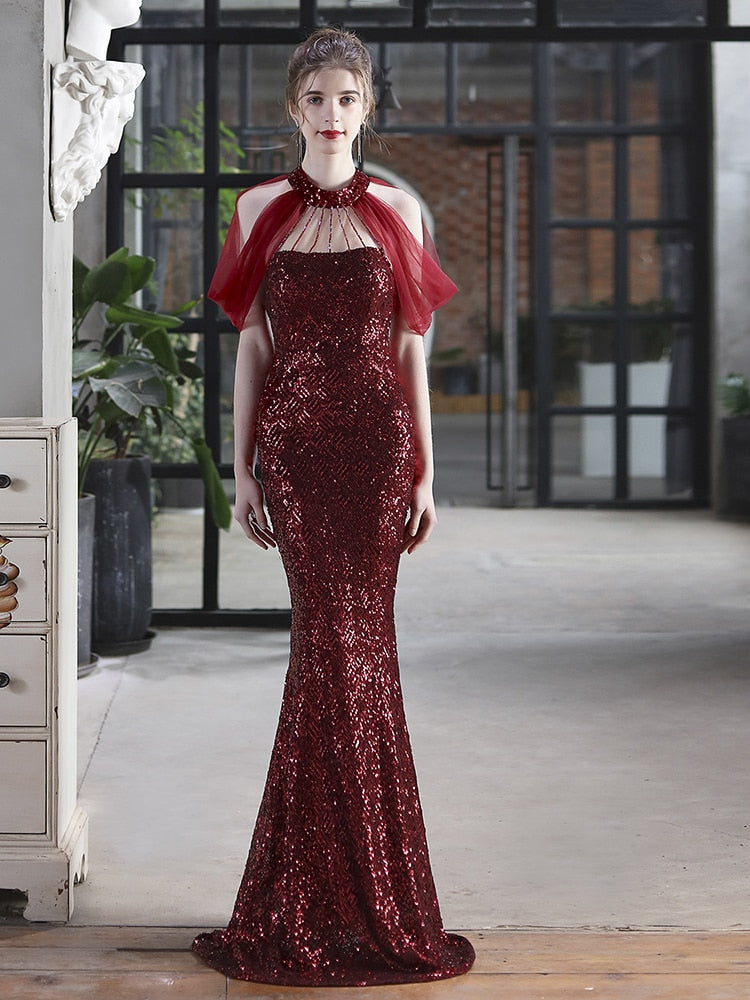 Vestido De Festa Longo Com Decote Em Tule Marsala