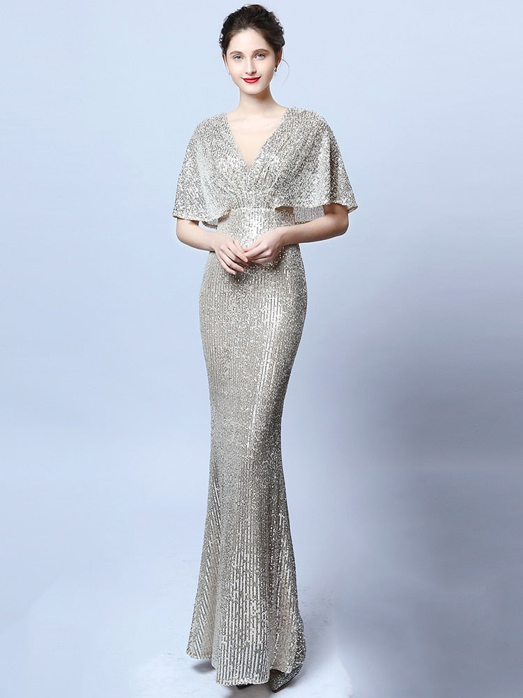 Vestido Festa Sereia com Detalhes Paetês Prateado