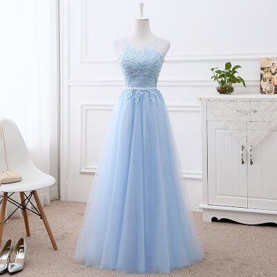 Vestido de Festa em Crepe com Apliques e Amarração Traseira Azul Serenity
