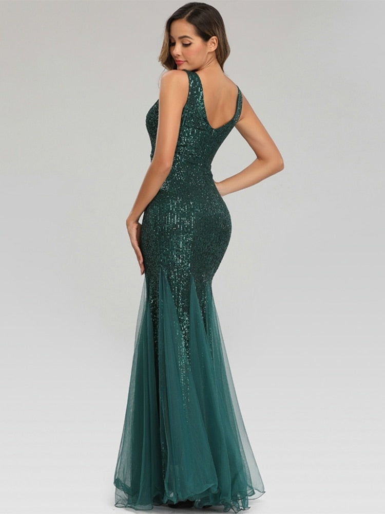 Vestido de Festa Longo Sereia com Detalhes Paetês Verde