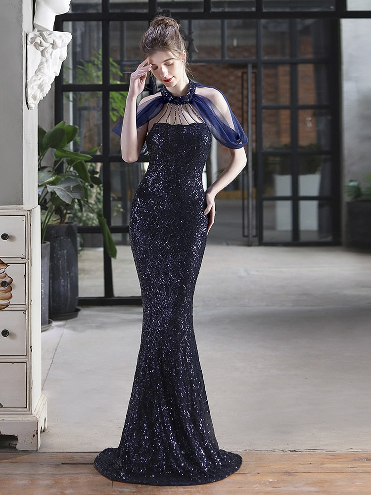 Vestido De Festa Longo Com Decote Em Tule Azul Marinho