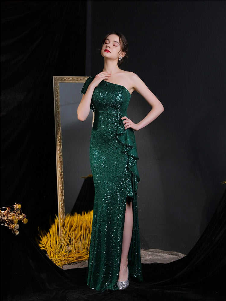 Vestido de Festa Longo Assimétrico com Detalhes Babados Verde