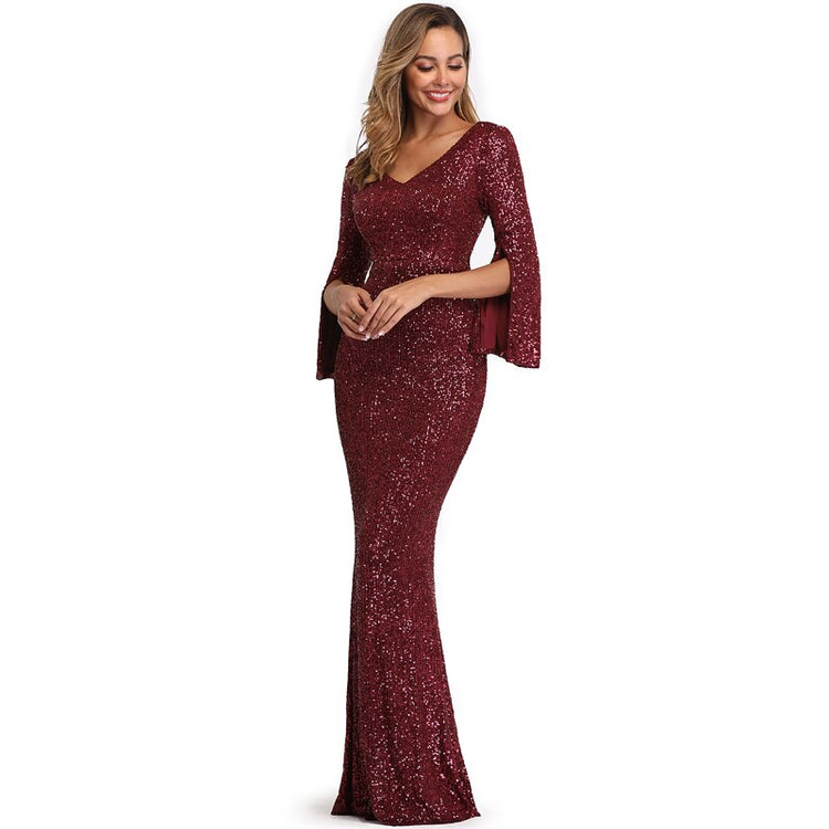 Vestido de Festa Longo com Brilho Marsala e Mangas 3/4