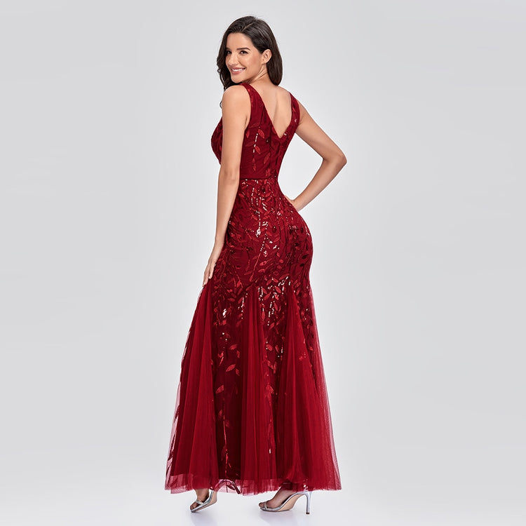 Vestido de Festa Longo Sereia com Detalhes Brilho Bordados Marsala