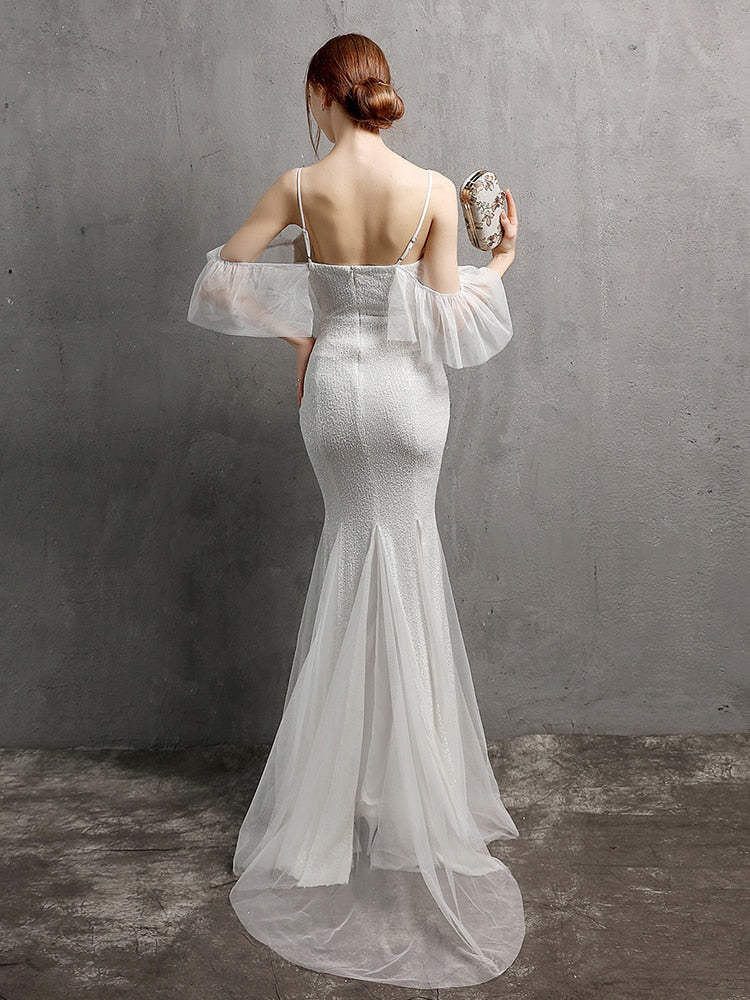 Vestido de Festa Longo Elegante com Manga com Renda Branco