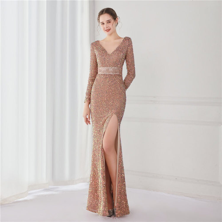 Vestido de Festa Longo Luxo Todo Detalhado em Paetês Dourado