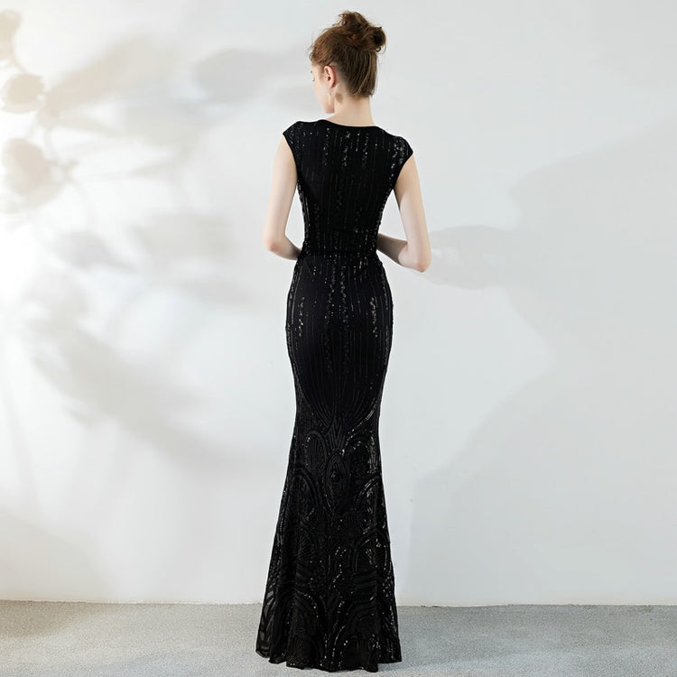 Vestido de Festa Longo Sereia com Decote V Brilho Preto