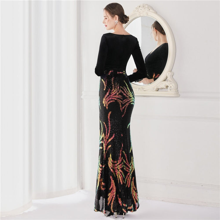 Vestido de Festa Luxo Sereia com Paetês Bordados Preto