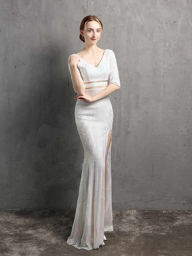 Vestido de Festa Longo Sereia Chiffon Brilho Branco