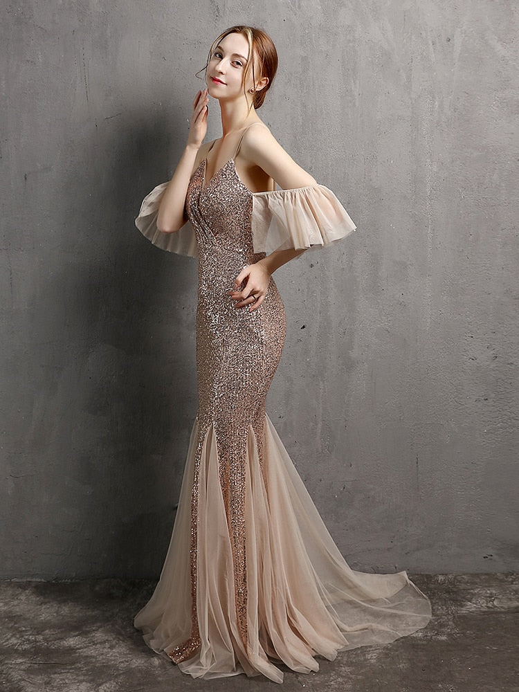 Vestido de Festa Longo Elegante com Manga com Renda Champagne