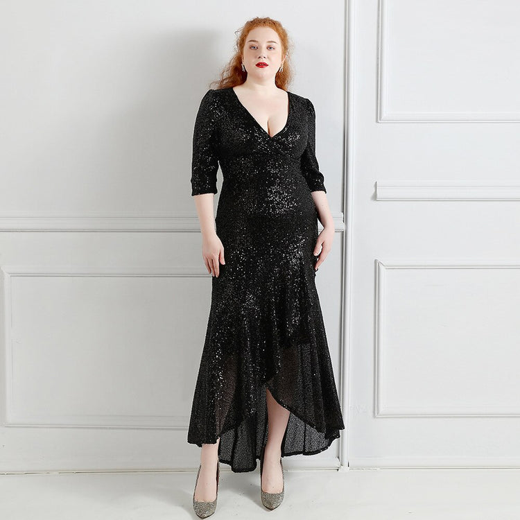 Vestido de Festa Midi com Tecido Brilho e Babados Preto