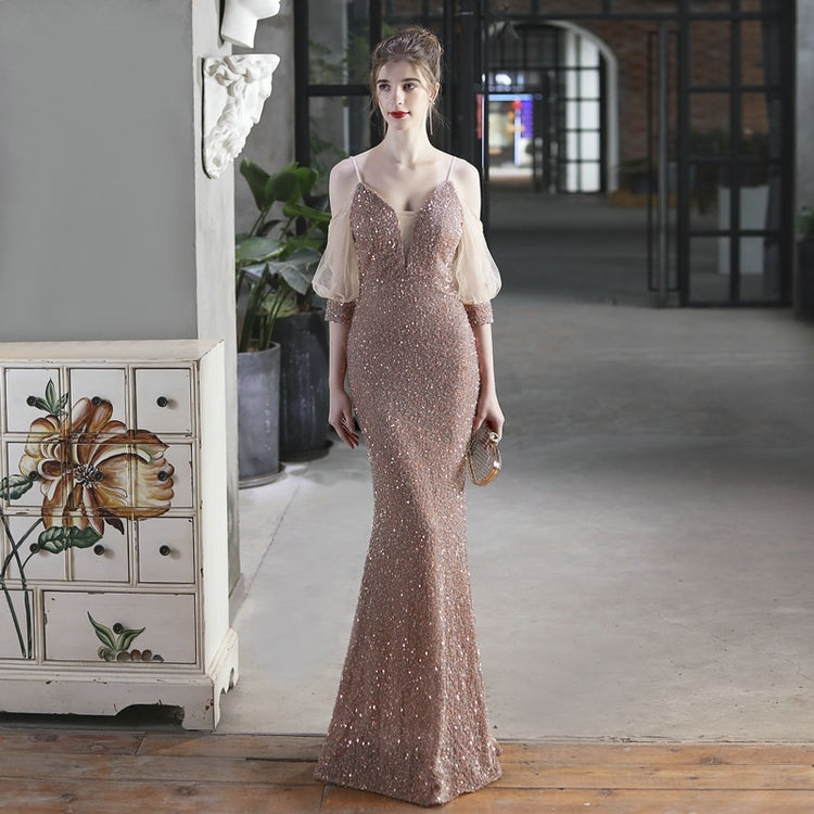 Vestido de Festa Longo Sereia Brilho com Manga e Renda Dourado