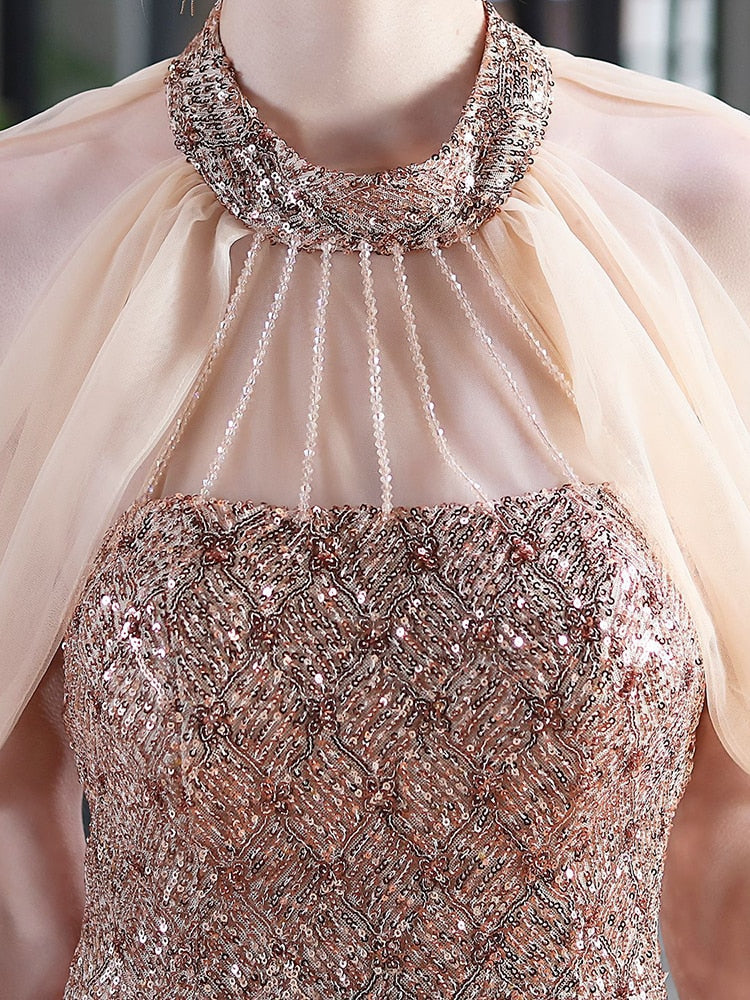 Vestido De Festa Longo Com Decote Em Tule Dourado