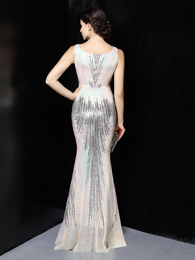 Vestidos de Festa Sereia Luxo com Brilho Champanhe