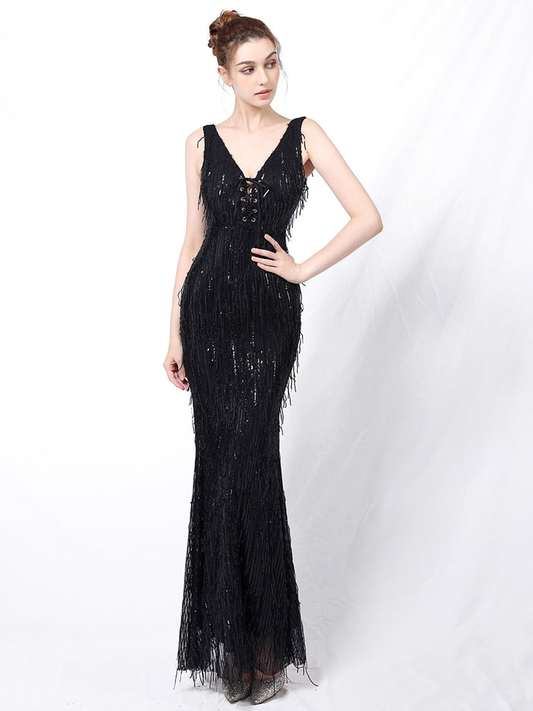 Vestido de Festa Longo Sereia Brilho Bordado Preto