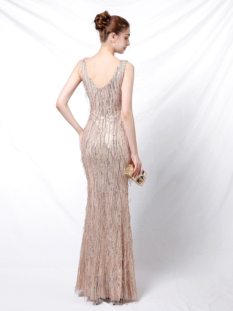 Vestido de Festa Longo Sereia Brilho Bordado Dourado