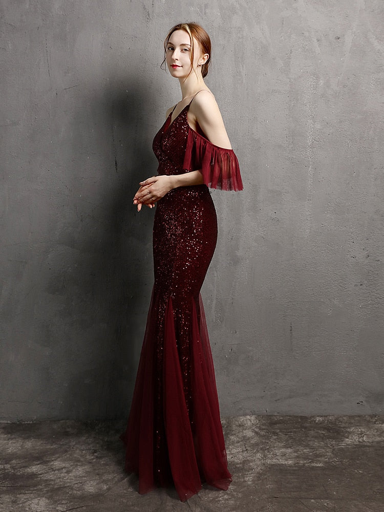 Vestido de Festa Longo Elegante com Manga com Renda Marsala