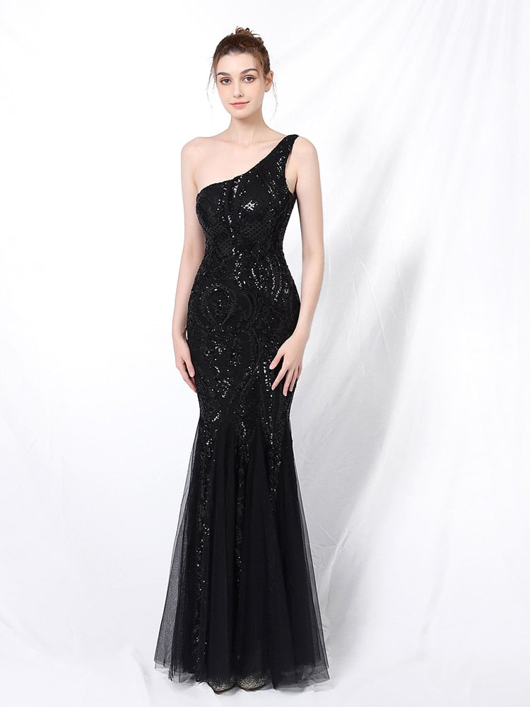 Vestido de Festa Ombro Único em Tule com Bordados Paetês Preto