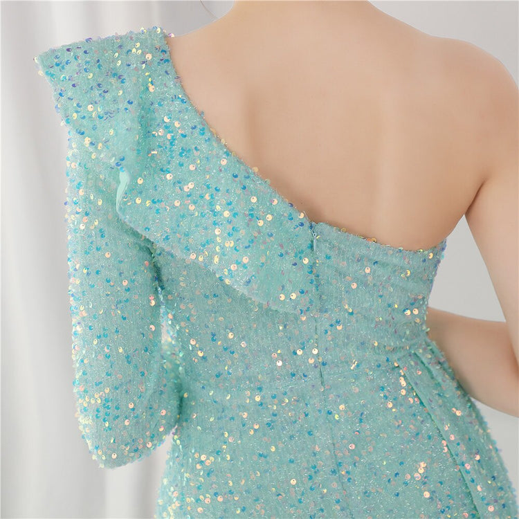 Vestido de Festa Longo com Babados Assimétricos Azul Tiffany