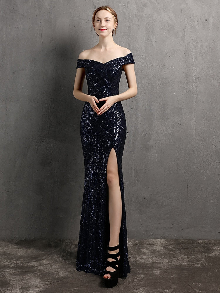 Vestido de Festa Longo com Abertura Lateral em Chiffon Azul Marinho