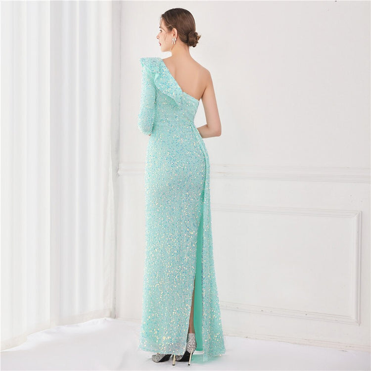 Vestido de Festa Longo com Babados Assimétricos Azul Tiffany