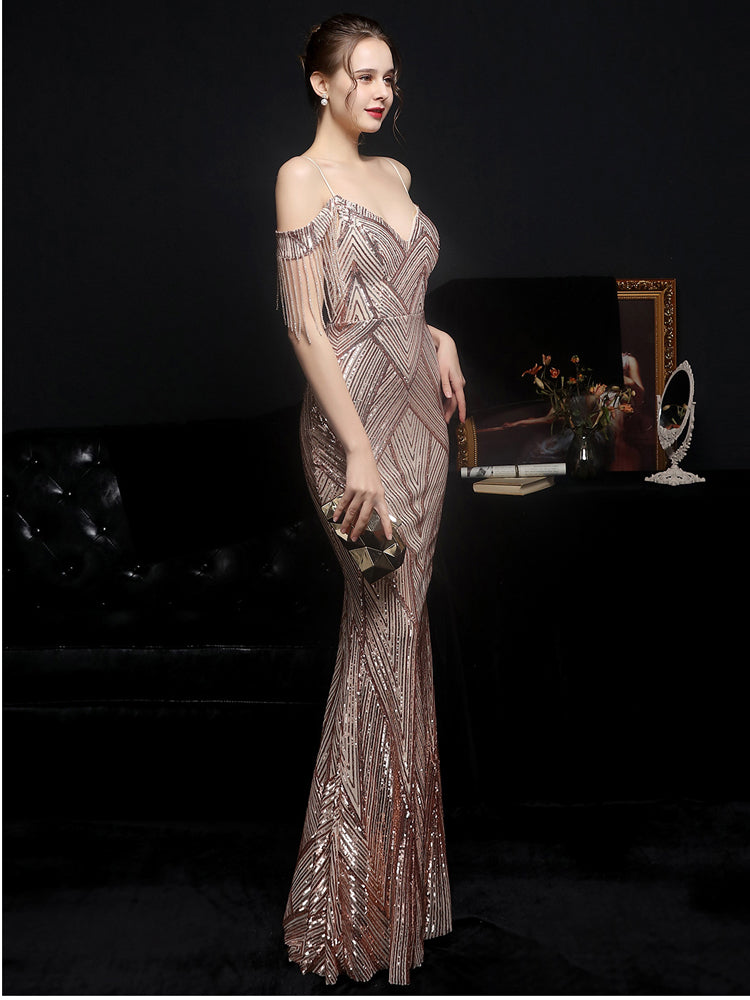 Vestido de Festa Luxo com Manga Detalhada Dourado