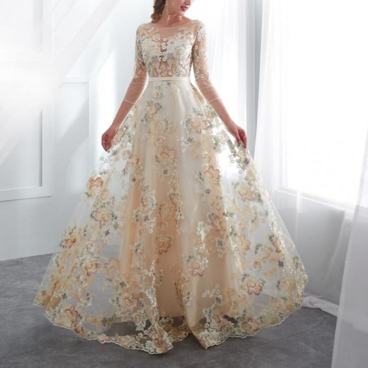 Vestido de Festa Luxo em Tule Champanhe com Estampa Floral