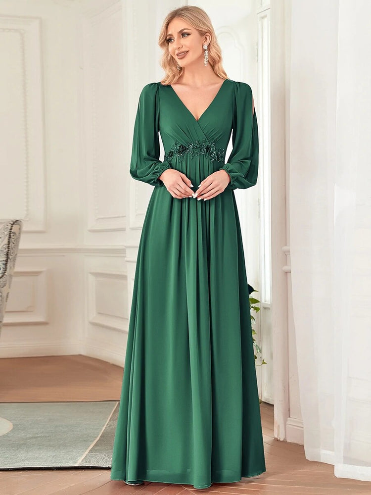 Vestido de Festa Longo Elegante Clássico com Apliques Florais (Pronta Entrega)