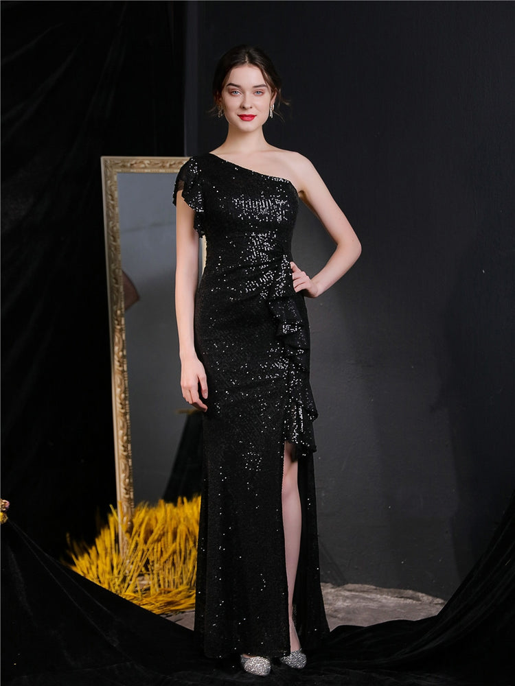 Vestido de Festa Longo com Abertura Bordada Brilho Preto