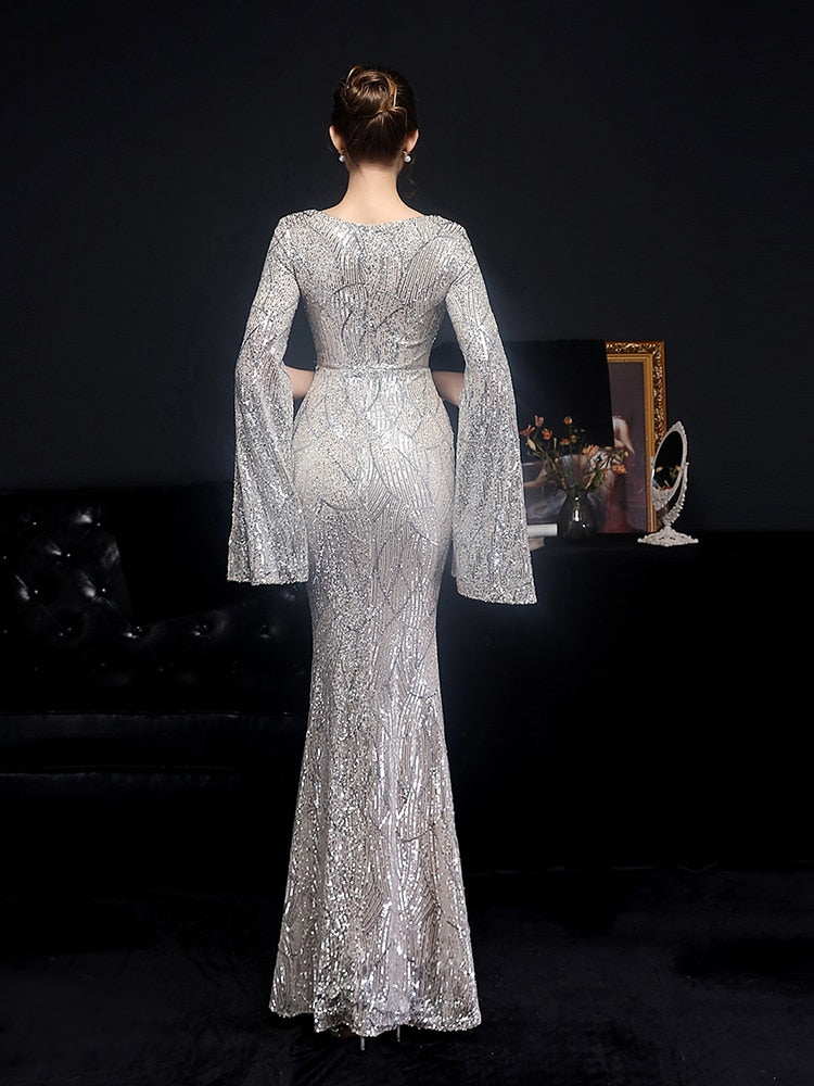 Vestido de Festa Longo Sereia Cristal com Manga Solta Prata