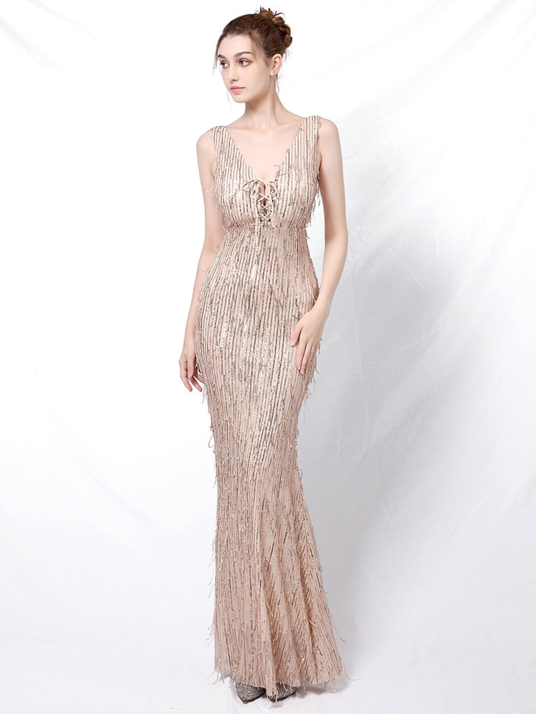 Vestido de Festa Longo Sereia Brilho Bordado Dourado