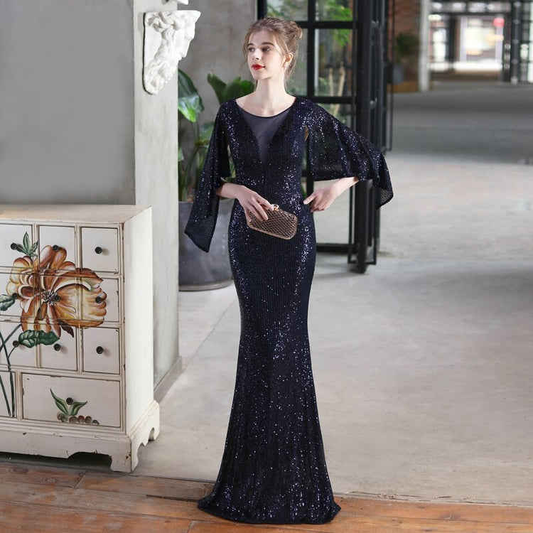 Vestido de Festa Longo com Manta Brilho Azul Marinho