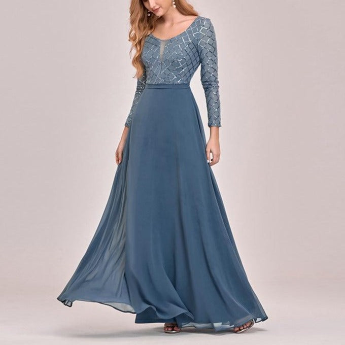 Vestido de Festa Longo Azul Empoeirado com Detalhes Paetês (Pronta Entrega)