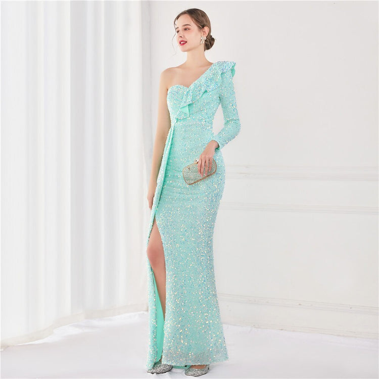 Vestido de Festa Longo com Babados Assimétricos Azul Tiffany